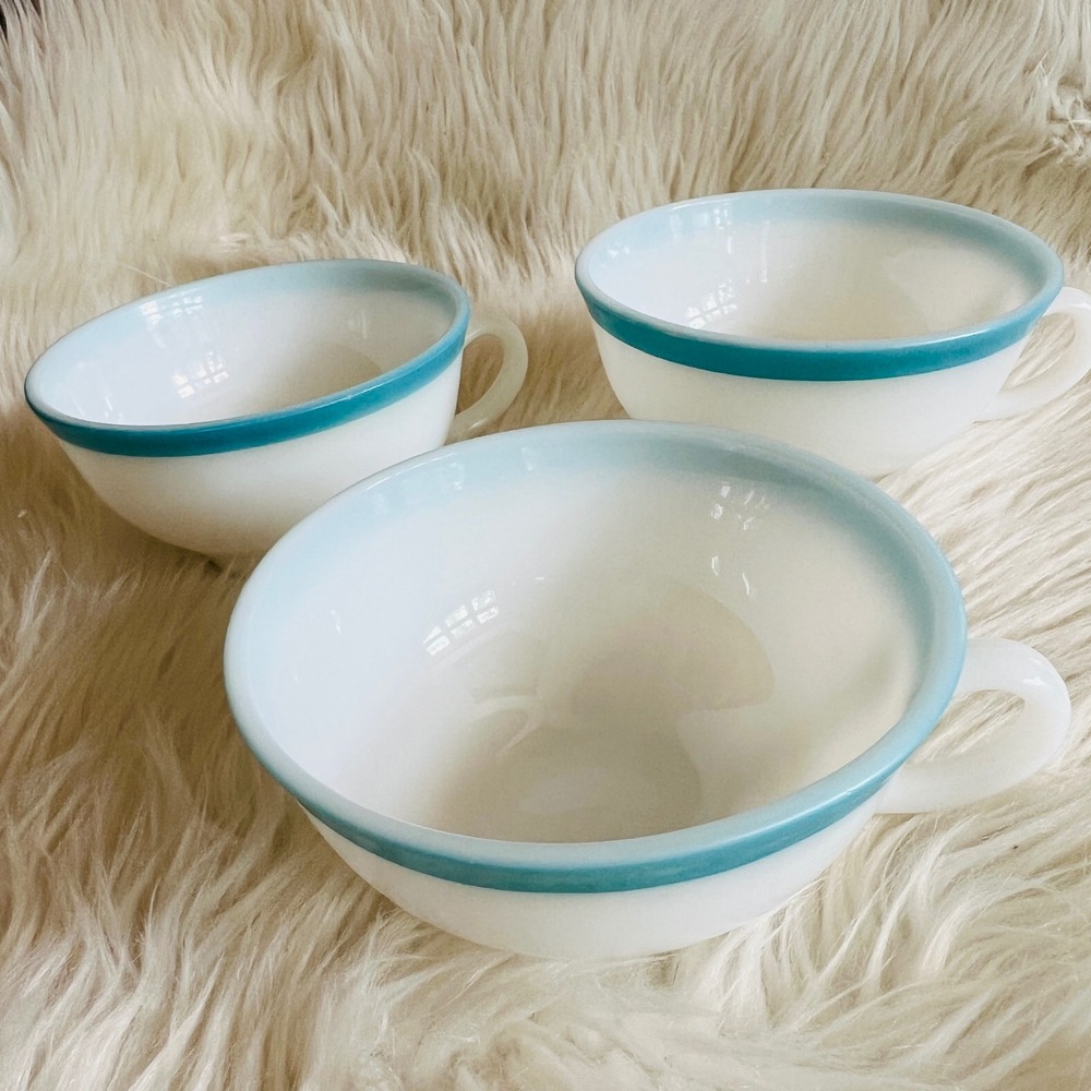 Vintage Milk Glass Tea Cups Turquoise Blue Rim Set of 3 Mid Century Modern